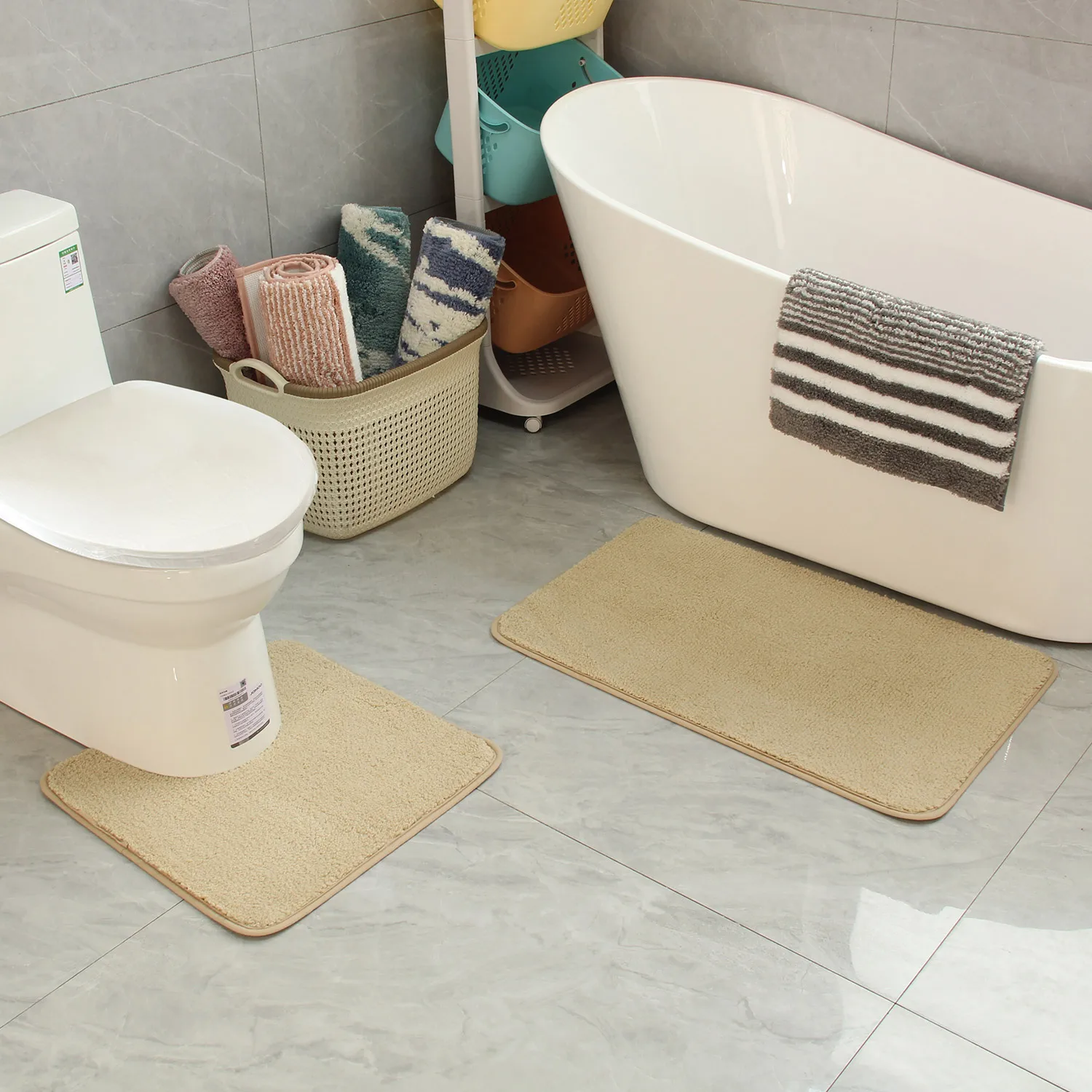 two-piece bathroom non-slip mat U-shaped set flocked absorbent foot mat for toilet and shower: Beige