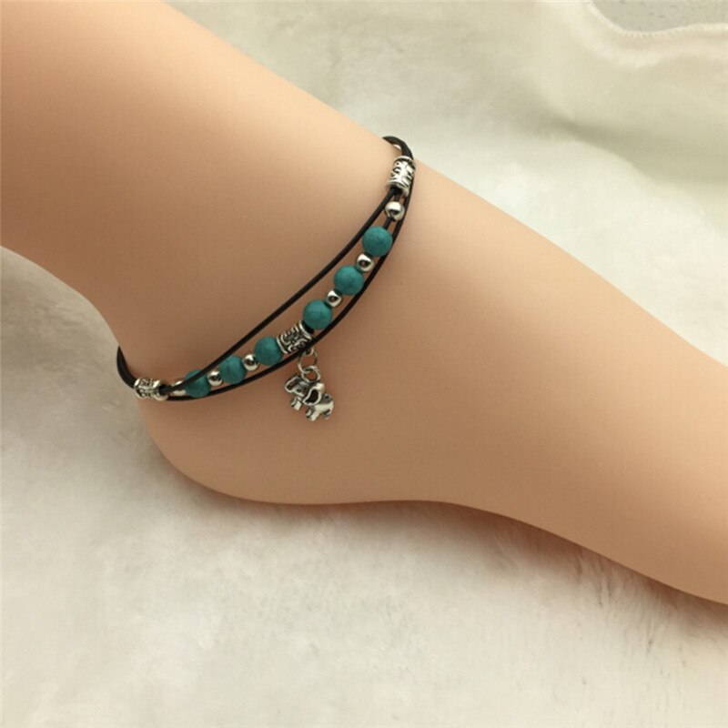 Tobillera de cuentas con colgante de elefante tibetano, joyería de playa, pulsera de tobillo con cadena de cuero para pies, Estilo Vintage, Retro, bohemio, 1 unidad