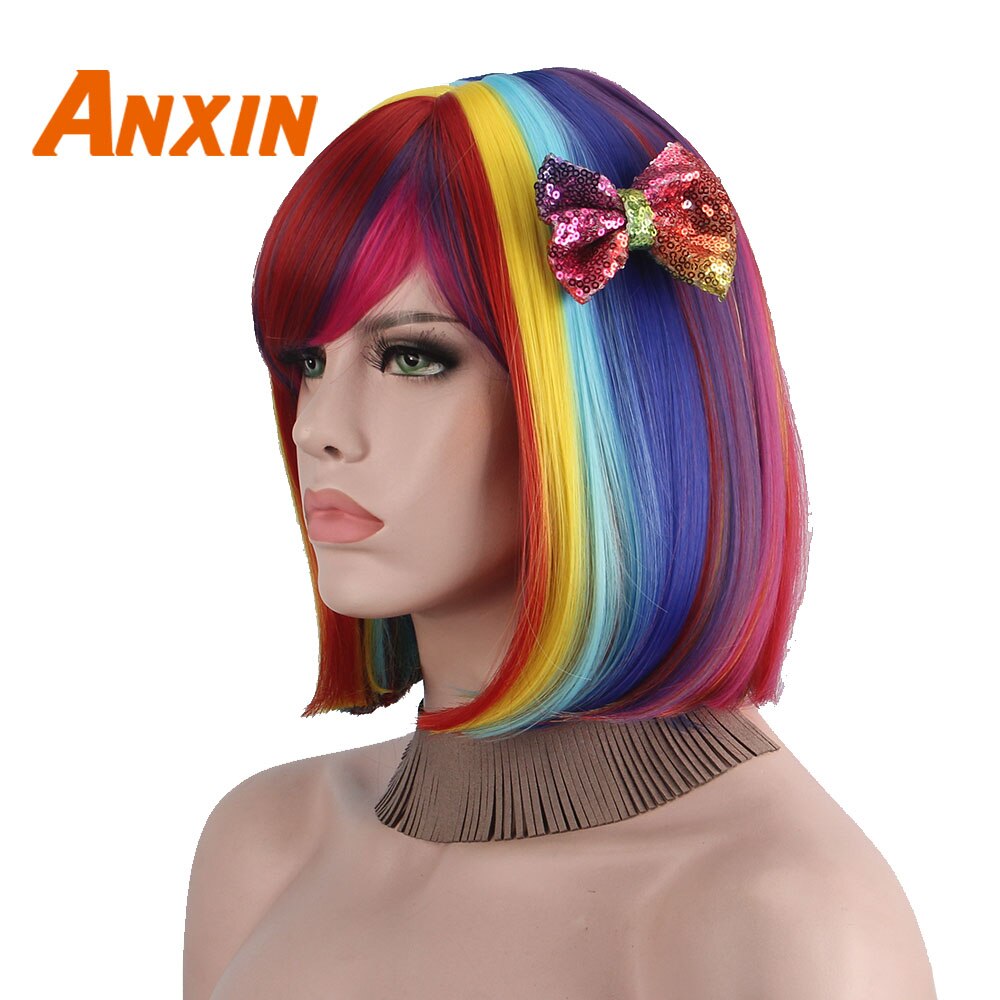 Halloween Kostuums Cosplay Pruiken Voor Zwarte Vrouwen Wit Dames Kleur Regenboog Bob Synthetische Haren Met Pony Straight Natural Party