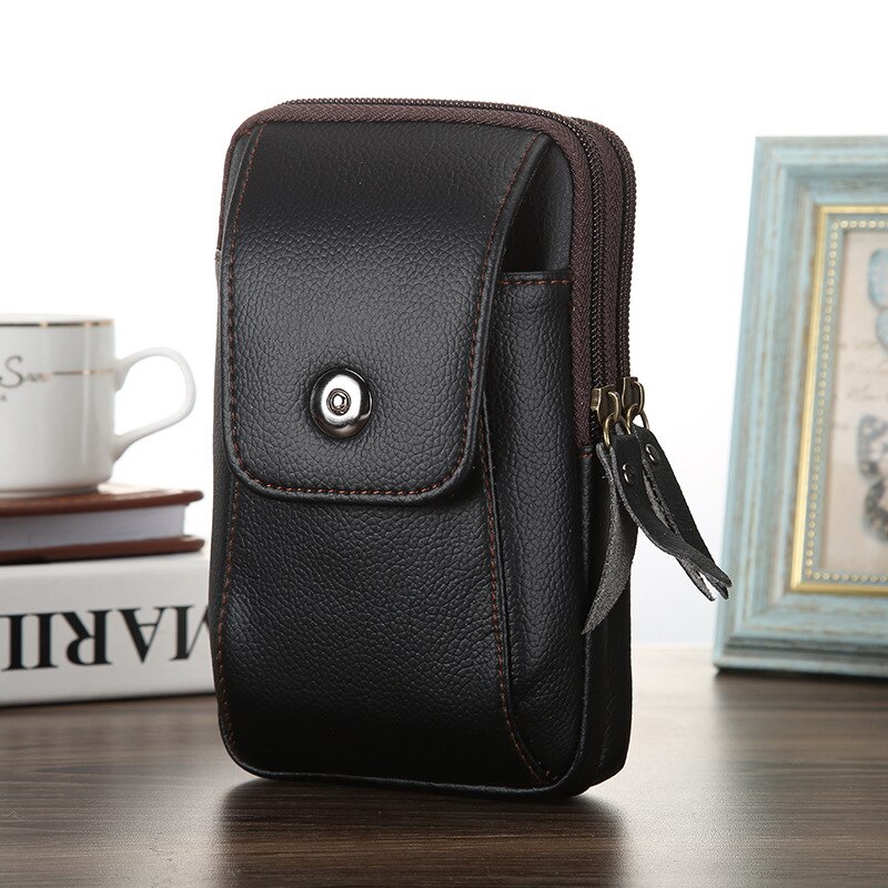 Men's double zipper mobile phone bag coin purse capacity waist bag construction site outdoor casual men wear belt: Black