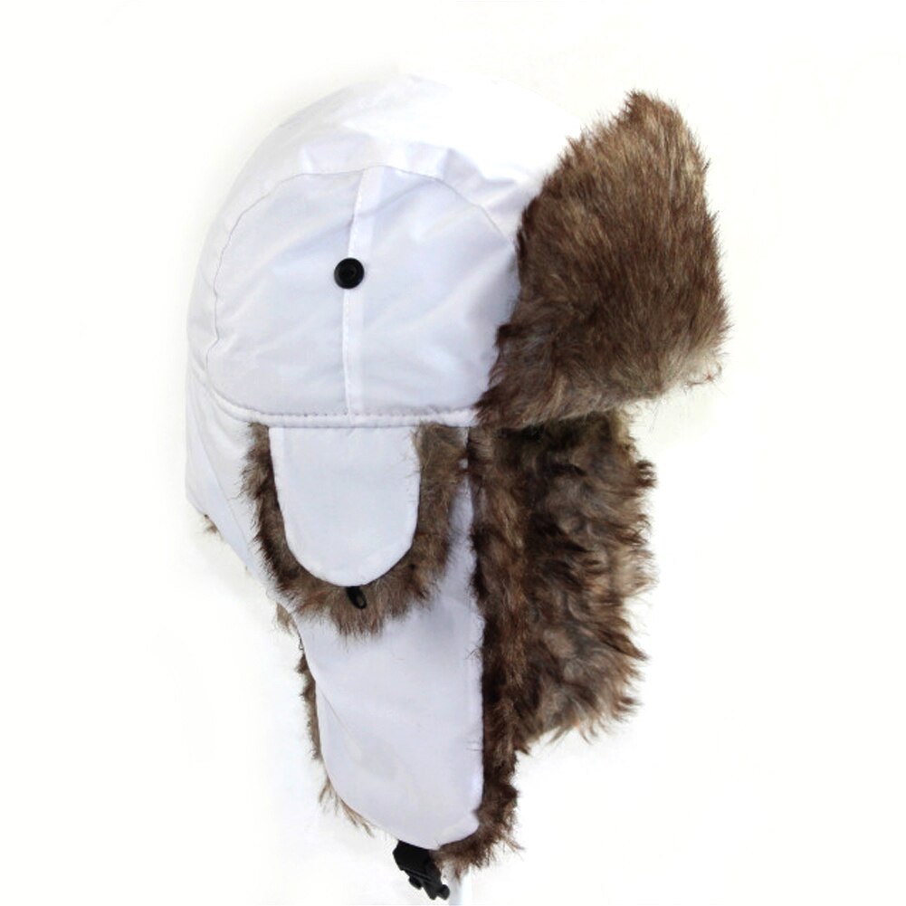 Unisex mænd kvinder russisk hat trapper bomber varm trooper øreklapper vinter ski hat solid fluffy imiteret pels kasket hovedbeklædning motorhjelm: Hvid