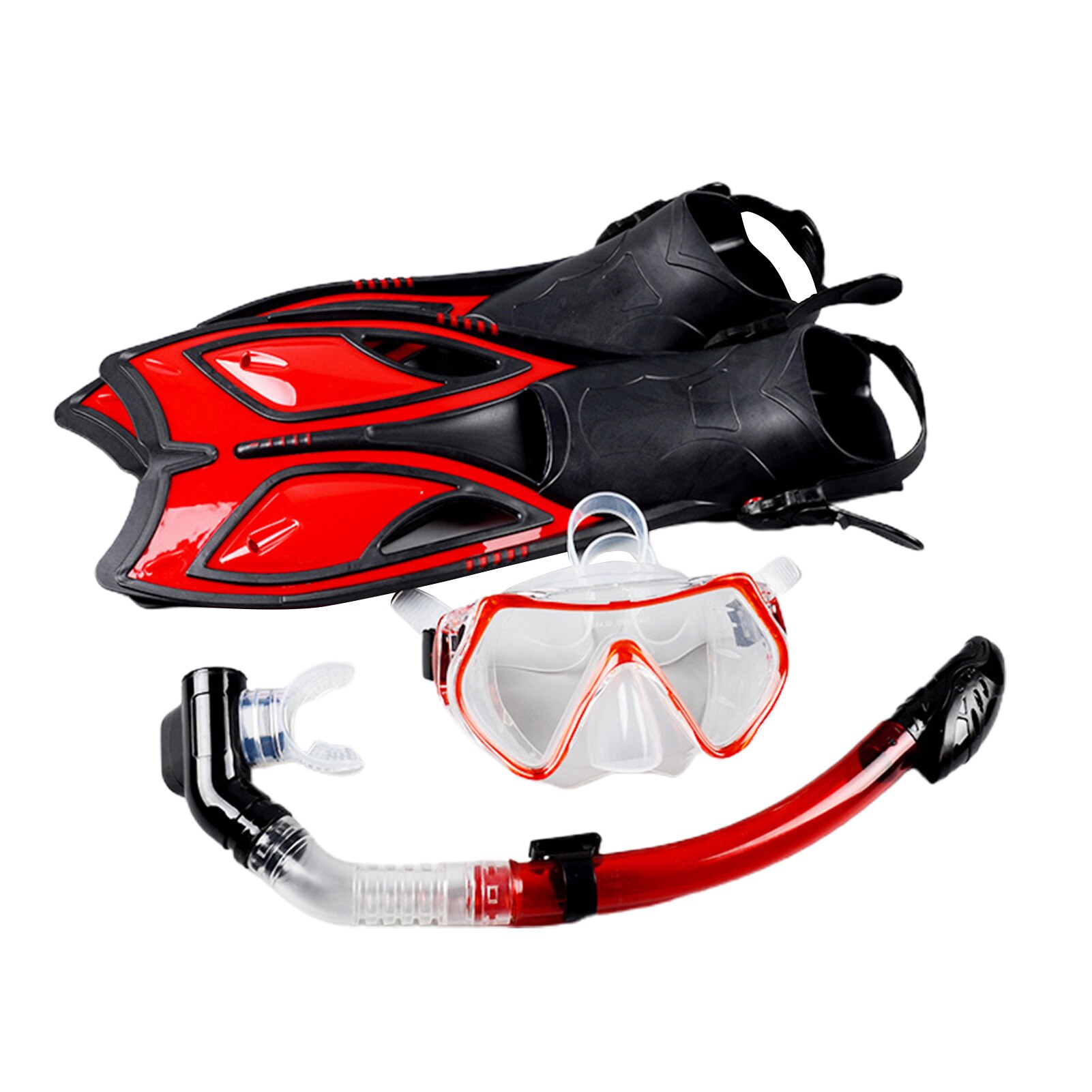Large Frame Tempered Glass Snorkeling Face Gear Suit Adult Anti-fog Leak-proof Diving Goggles Full Dry Snorkel Flippers Set: Red L