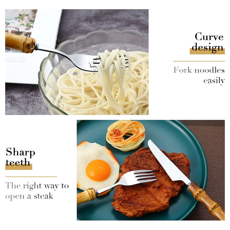 6Stck Natürliche Bambus Griff Geschirr Edelstahl Luxus Geschirr einstellen Steak Messer Nachtisch Gabeln Tee Löffel Gold Besteck