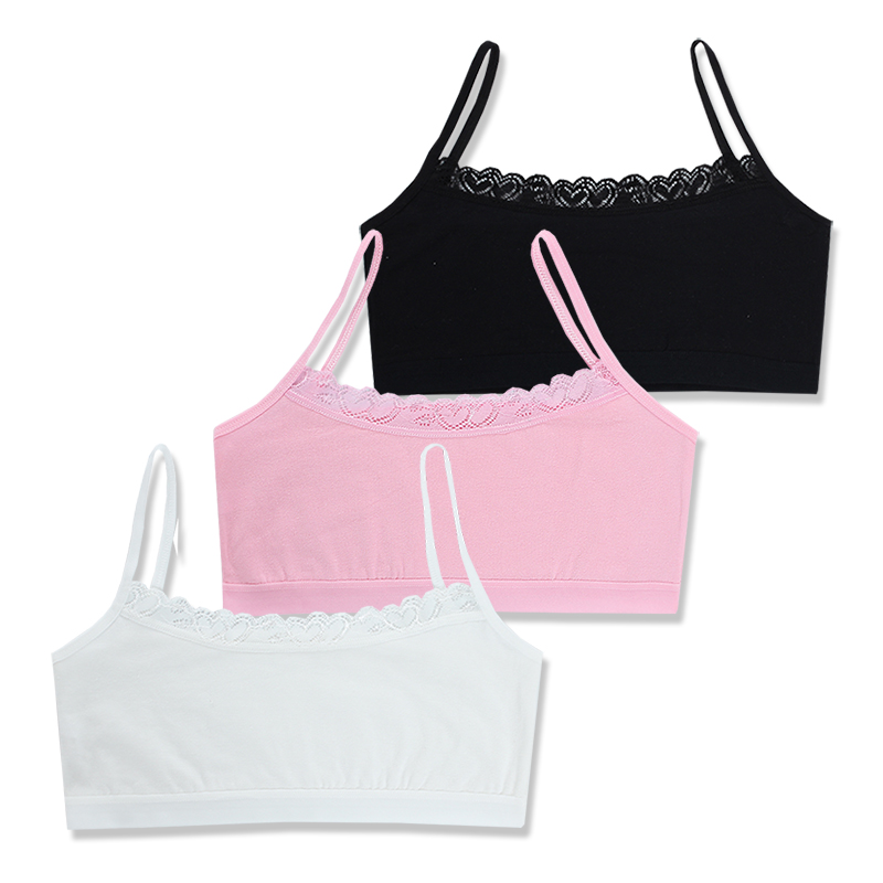 3pc Teenage Underwear Children Girls Cutton Lace Wireless Young Training Bra 8-14Years: baifenhei