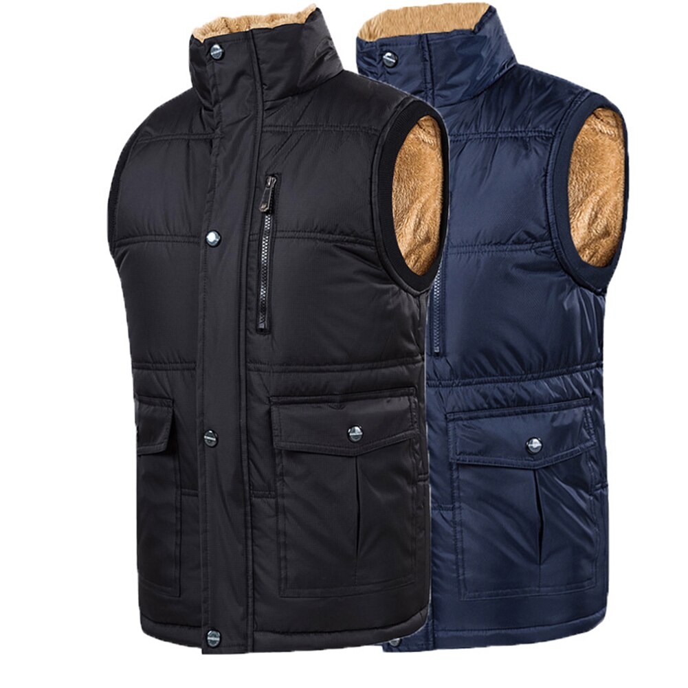 Plus Size Men Boy Winter Stand Color Fleece Lined Zip up Button Warm Waistcoat