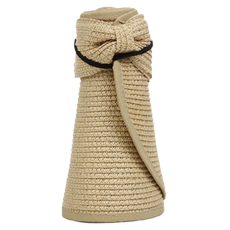 Dames zomer opvouwbare open stro zonnehoed strik achterkant verstelbaar ademend uv-bescherming brede rand strand zonneklep pet 8 kleuren: Beige