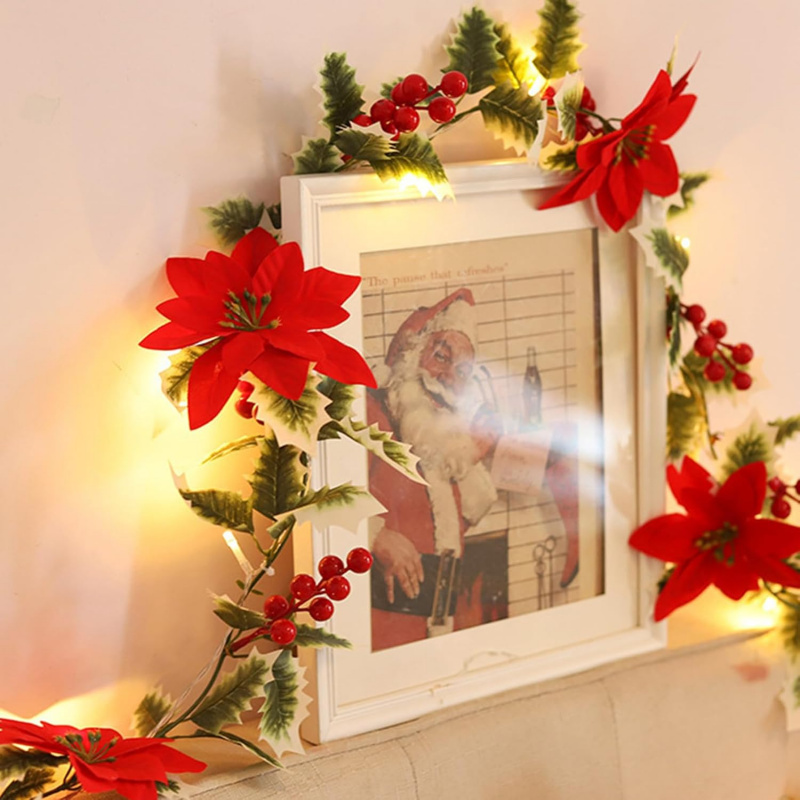 Julgirlang med blommor och bär, batteridrivna ljusslingor för heminredning, perfekt till jul