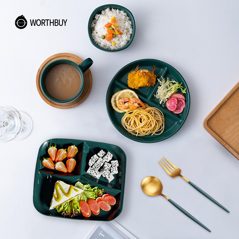 WORTHBUY Compartment Plate For Food Round Plastic Dinner Plates Kitchen Divided Plate Fruit Salad Plate Food Tray Dinnerware