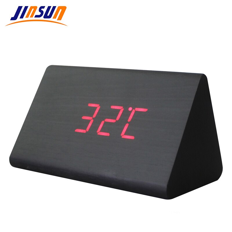 Jinsun Wekker Moderne Houten Thermometer Desk Klokken Led Digitale Klok Geluid Controle Mini Led Tafel Klok