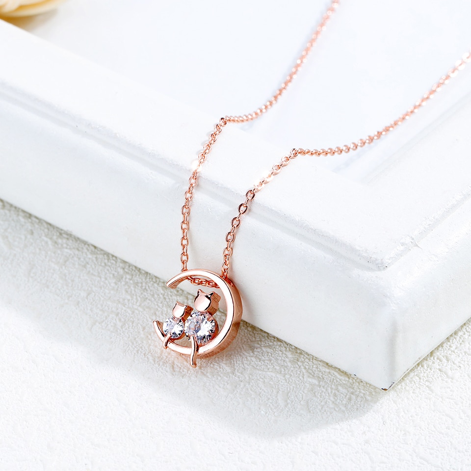 Moon Cat Pendant Necklace Rose Gold Color Titanium Stainless Steel Material Necklaces Women Trendy Jewelry