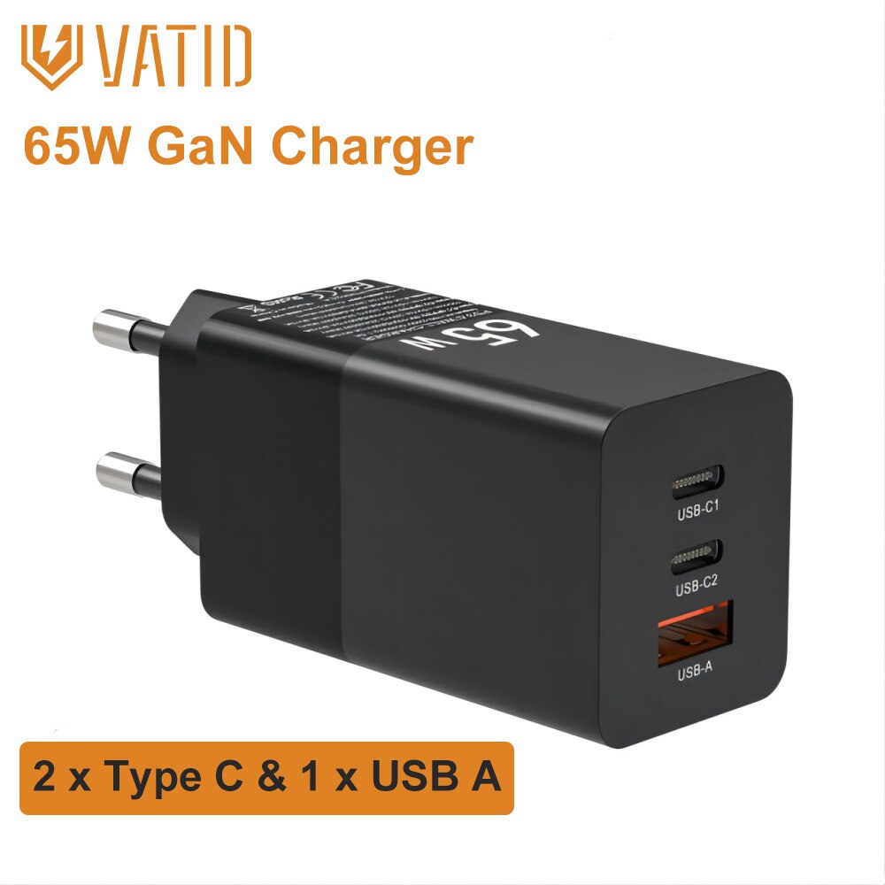 Vatid 65W Gan Lader Usb Lader Desktop Usb Laadstation Met 2 Usb C Poorten 1 Usb Een Poort voor Iphone 12 Laptop Macbook