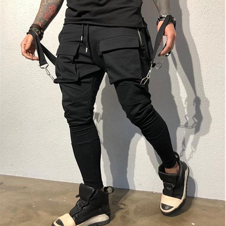 Fitness vår och höst sport casual hiphop byxor fram och bak tredimensionella herrbyxor med flera fickor: M / Svart