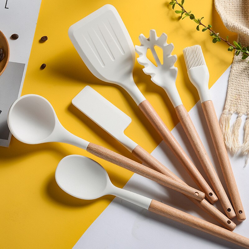 White Cooking Utensils set Silicone Kitchen Tools Set with Wood handle for Nonstick Cookware Kitchen set with Spatula/Spoons
