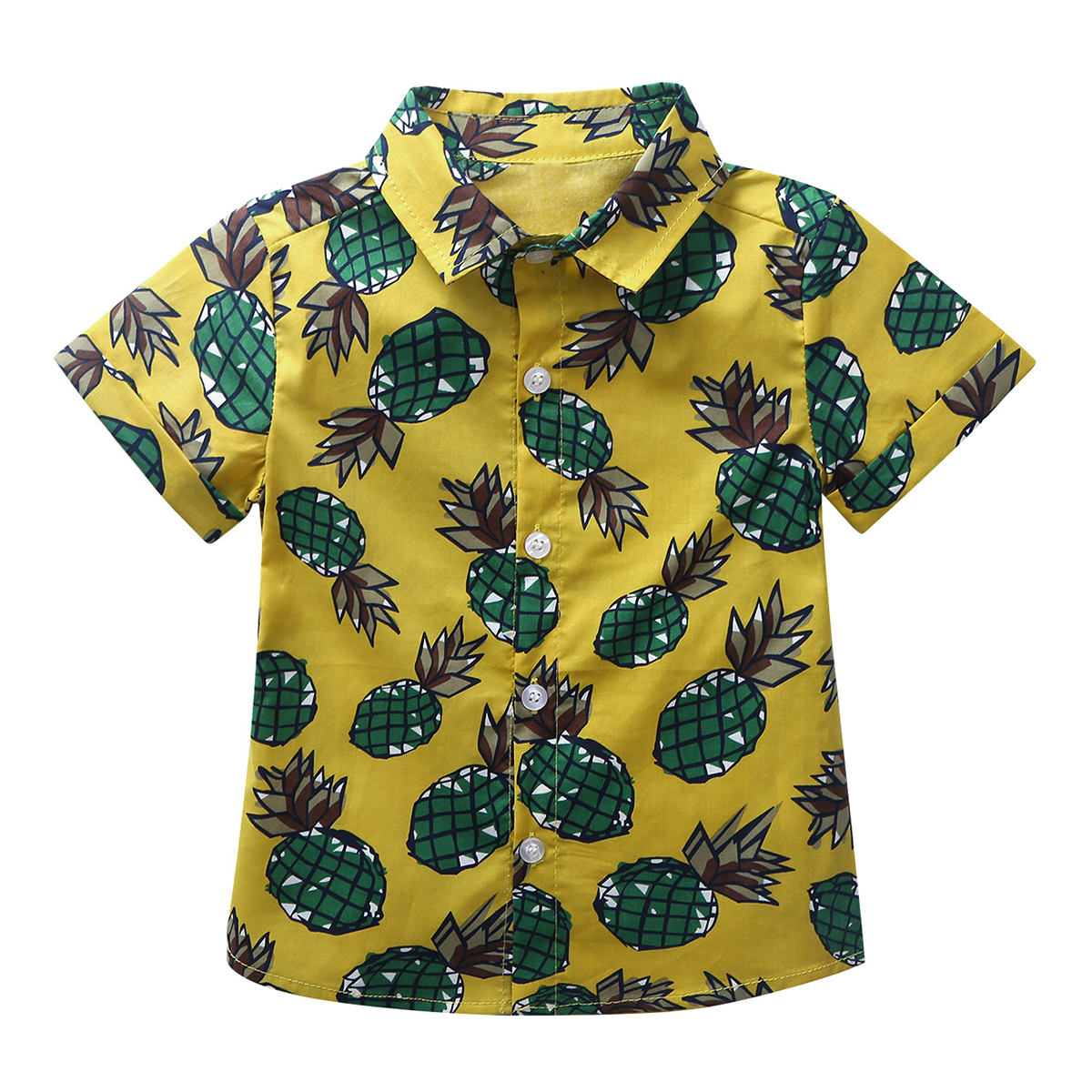 Bebé de verano de los muchachos de algodón de manga corta Camiseta de piña impresa Spread Collar botón Top bajo playa camisa Casual: Yellow / 80