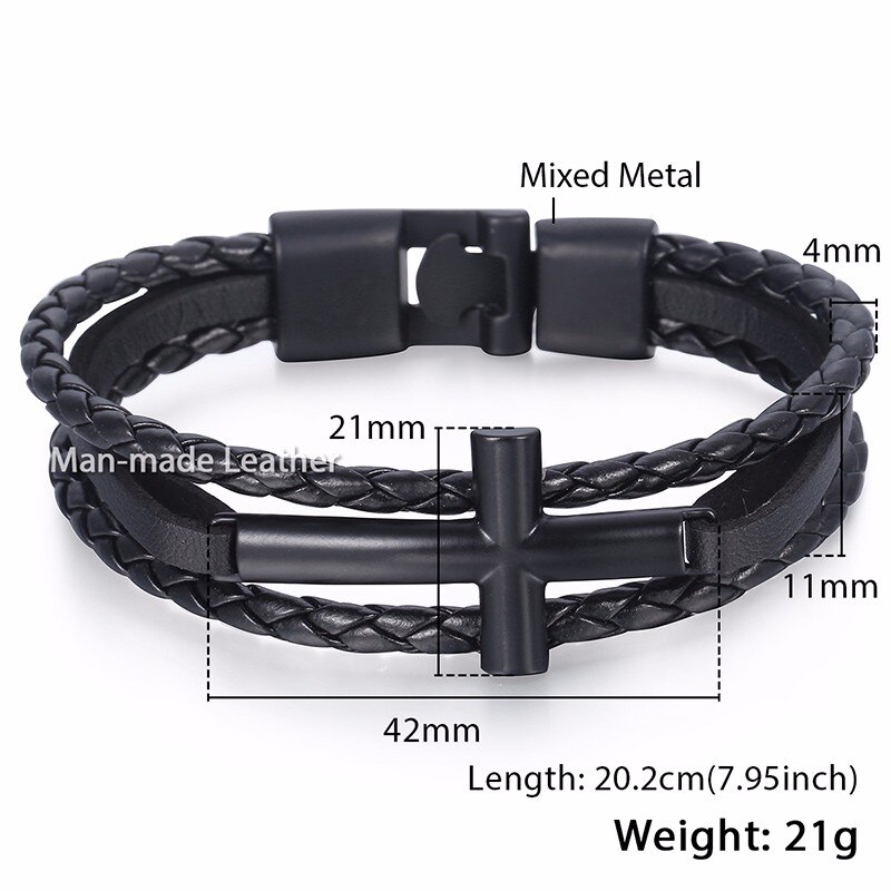 Davieslee Womens Mens Chain Cross Charm Bracelet Wristband Man-made Leather Braided Rope Link Black Silver Color 11mm LLBM117: LB719