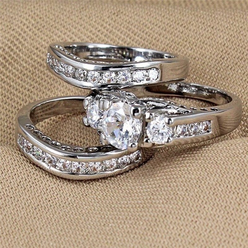 Pretty 3pcs/set Women White Rhinestones Bride Wedding Engagement Band Rings Size 6-12: 12