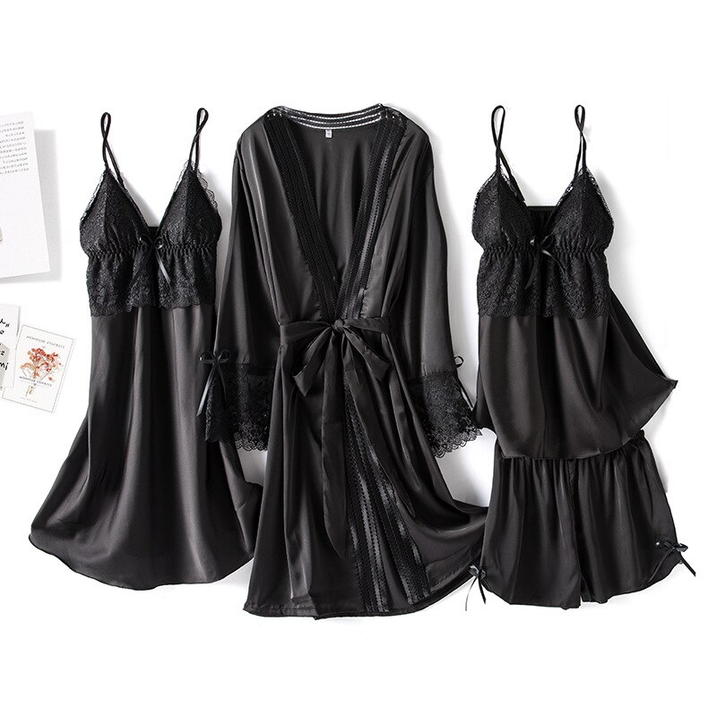 Black lace ice silk suspender nightgown main image 1