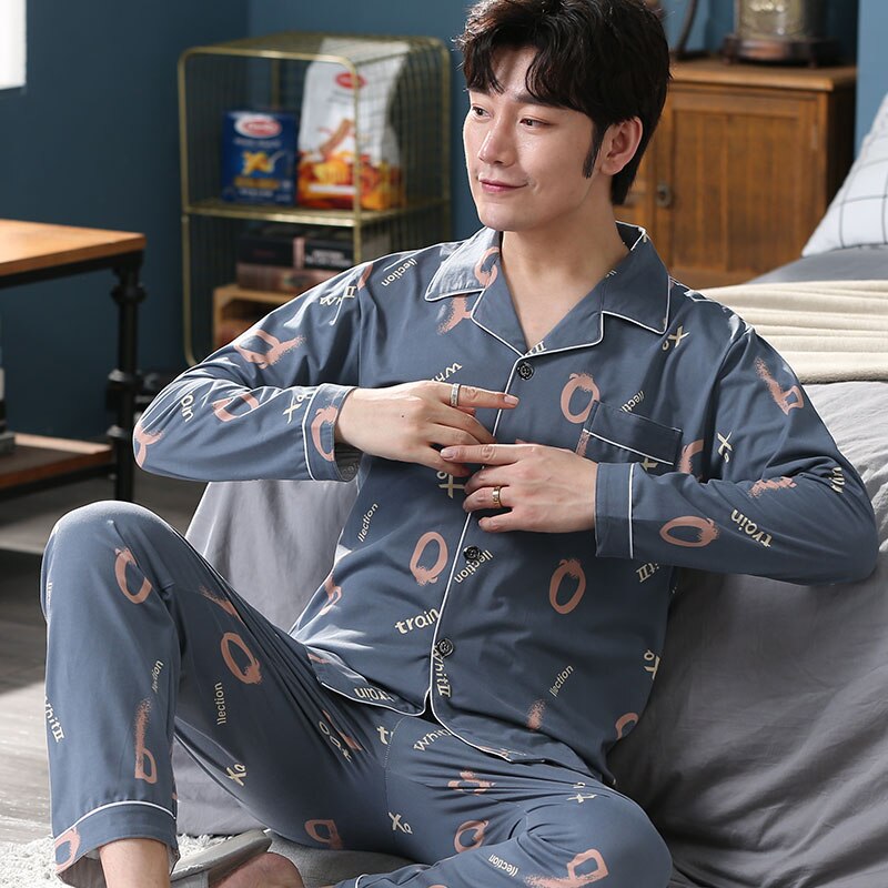 pyjama en coton imprimé 2 pièces costume simple hommes pyjamas revers décontracté doux pyjamas service à domicile printemps et automne