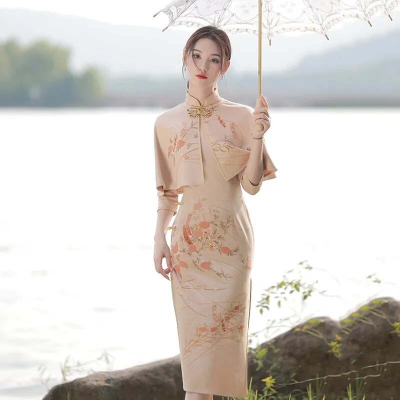 Slim Qipao +shawl Two-piece Chinese Dress Women Hanfu Traditional Robe Orientale Female Vestido Chino Autumn Cheongsams