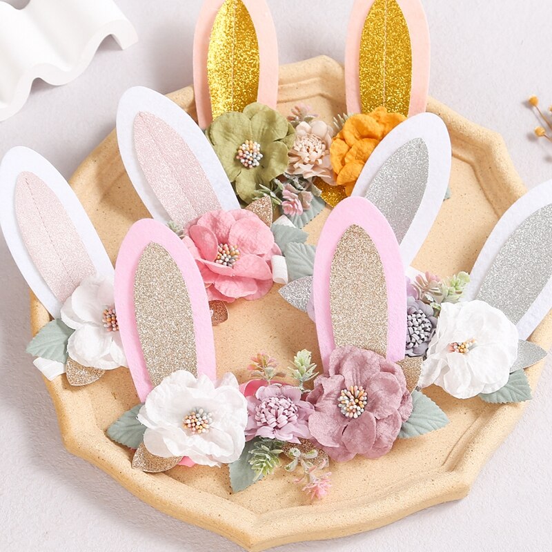 Diadema de orejas de conejo para niña y bebé, diademas de flores para niña, accesorios para el cabello de princesa, bandas elásticas hechas a mano para fotografía