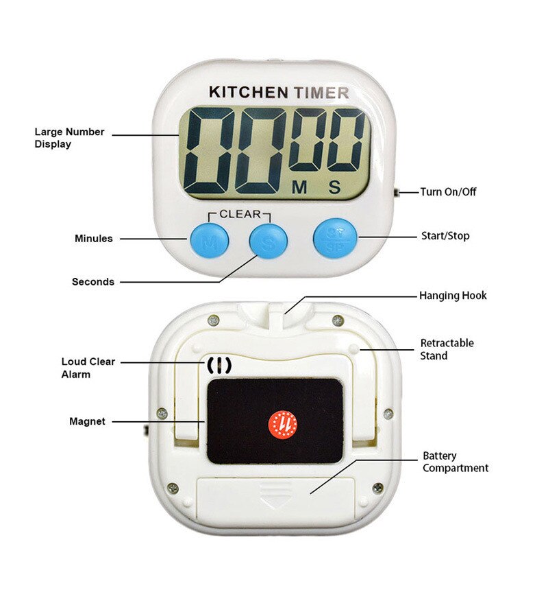Minuterie de cuisine magnétique LCD, compte à rebours numérique, alarme avec support, minuteur de cuisine blanc, horloge de cuisson pratique
