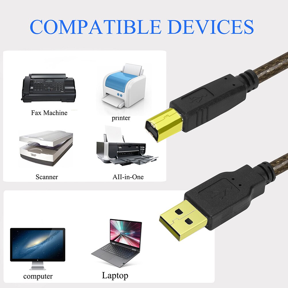 Extension Printer Cable USB 2.0 A Male to B Male Computer Wire Cable Cord Converter Connector Line for PC Laptop UND Sal