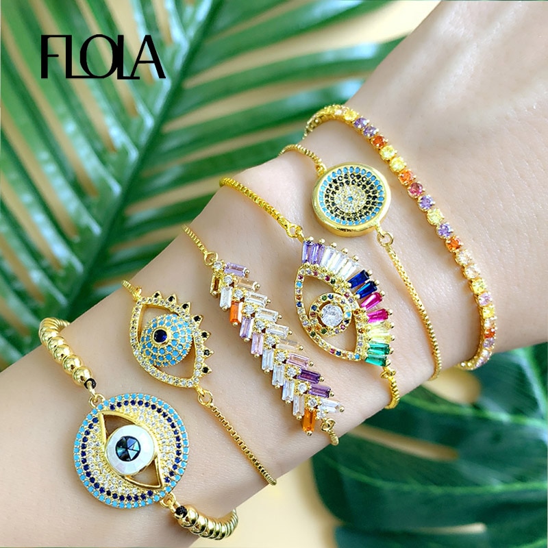 Flola Regenboog Evil Eye Armband Vrouw Zirconia Blue Eye Armband 24K Gold Turkse Eye Sieraden Tennis Pulseira Olho Grego brtb64