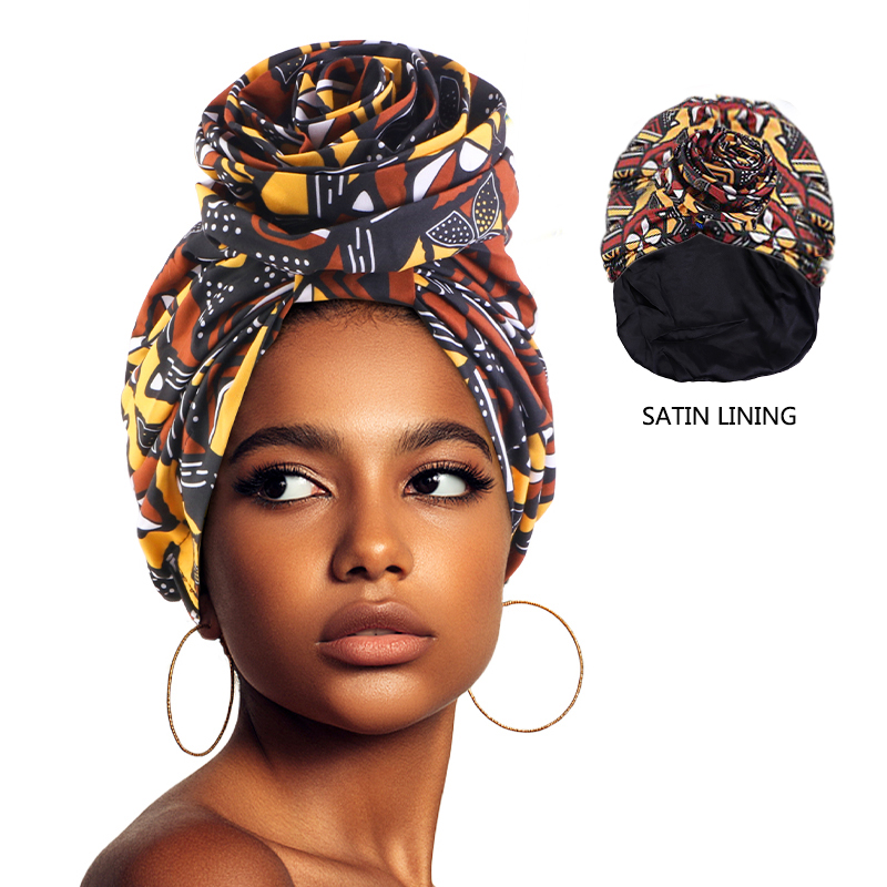 SATINIOR 3 Turbanti Africani Pre-Leggati Per Donna – Nodo A Fiore, Nero/Arancio/Rosa Geometria