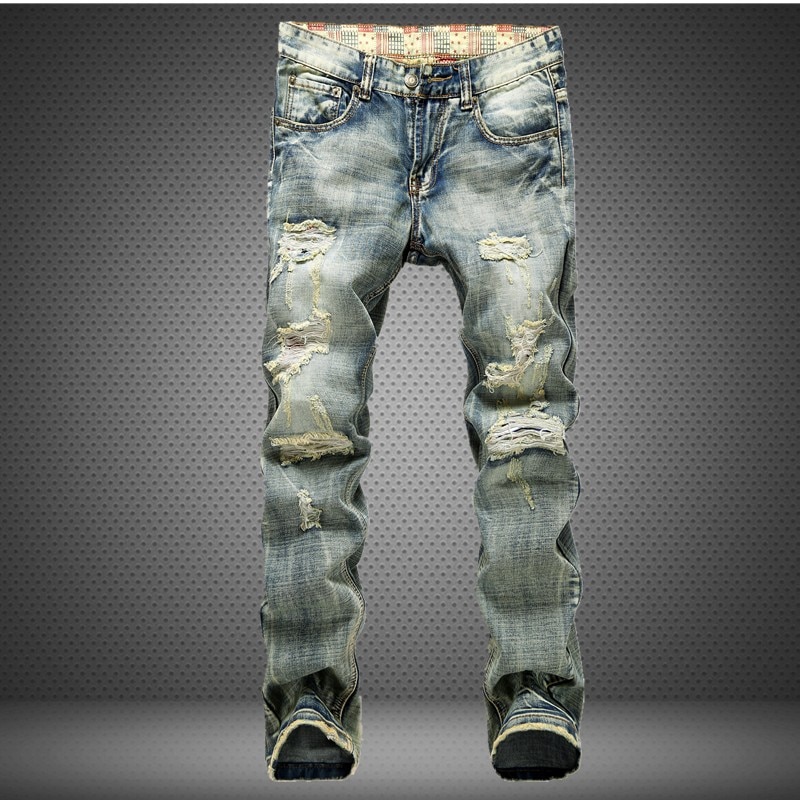 Nueva Pantalones vaqueros clásicos con agujeros para hombre, Vaqueros rasgados para motociclistas de calle alta, pantalones vaqueros rectos ajustados de Hip Hop para hombre, pantalones vaqueros Casuales
