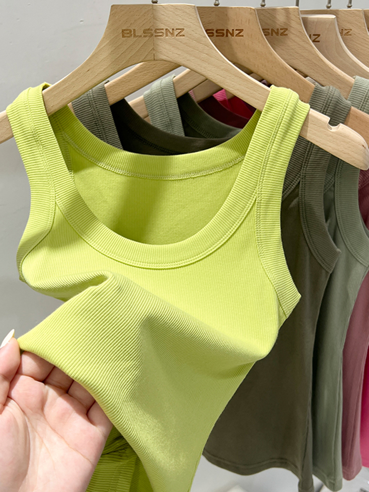 zjaiss Women Solid Round Neck Ribbed Tank Top Camisole Women Summer Basic Elastic Tank Top O Neck Solid Tank Top: S / Light Green