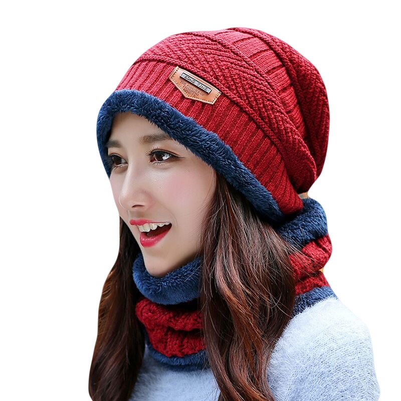 Casquette et écharpe de Ski en cuir | 2 pièces, chapeau et froid pour femmes et hommes, chapeau tricoté, Bonnet , Bonnet, bonnets