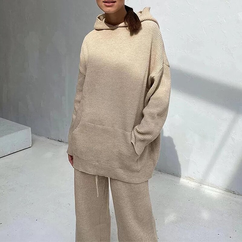 Two-piece Casual Hoodie Sweatshirts Suit Leisure Autumn Winter Pullovers Women Sets Knitted Warm Trousers Outfits