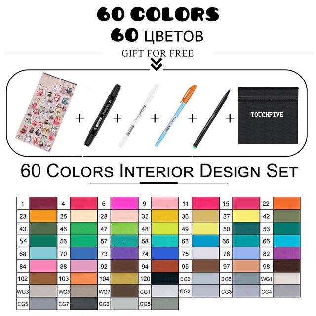 TouchFIVE 168 couleurs huileux à base d'alcool Art marqueurs ensemble double tête croquis marqueur artiste pinceau stylo pour Manga eau couleur stylos: 60 color interior