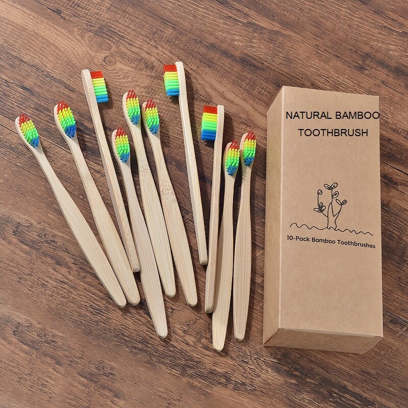 10Pcs Gemengde Kleur Bamboe Tandenborstel Eco Vriendelijke Houten Tandenborstel Zachte Haren Tip Houtskool Volwassenen Oral Care Tandenborstel: rainbow
