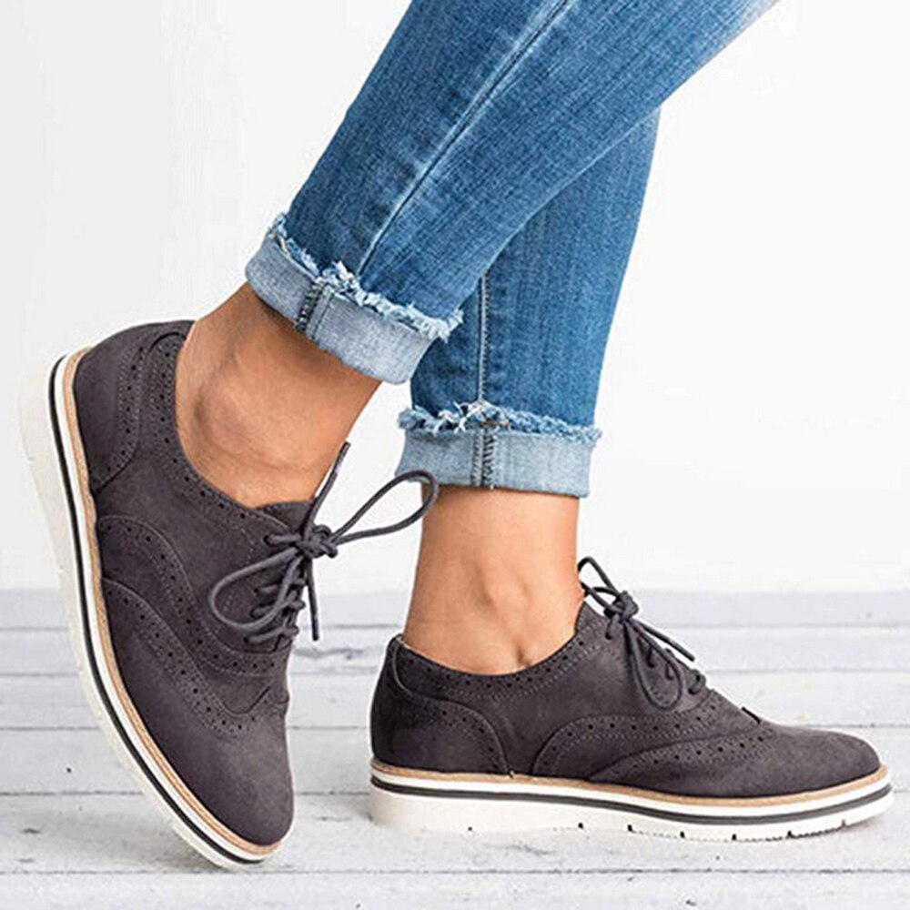 Litthing kvinnor lägenheter skor oxfords cut-outs snörning platå skor pu läder dam halkfria skor andas damskor