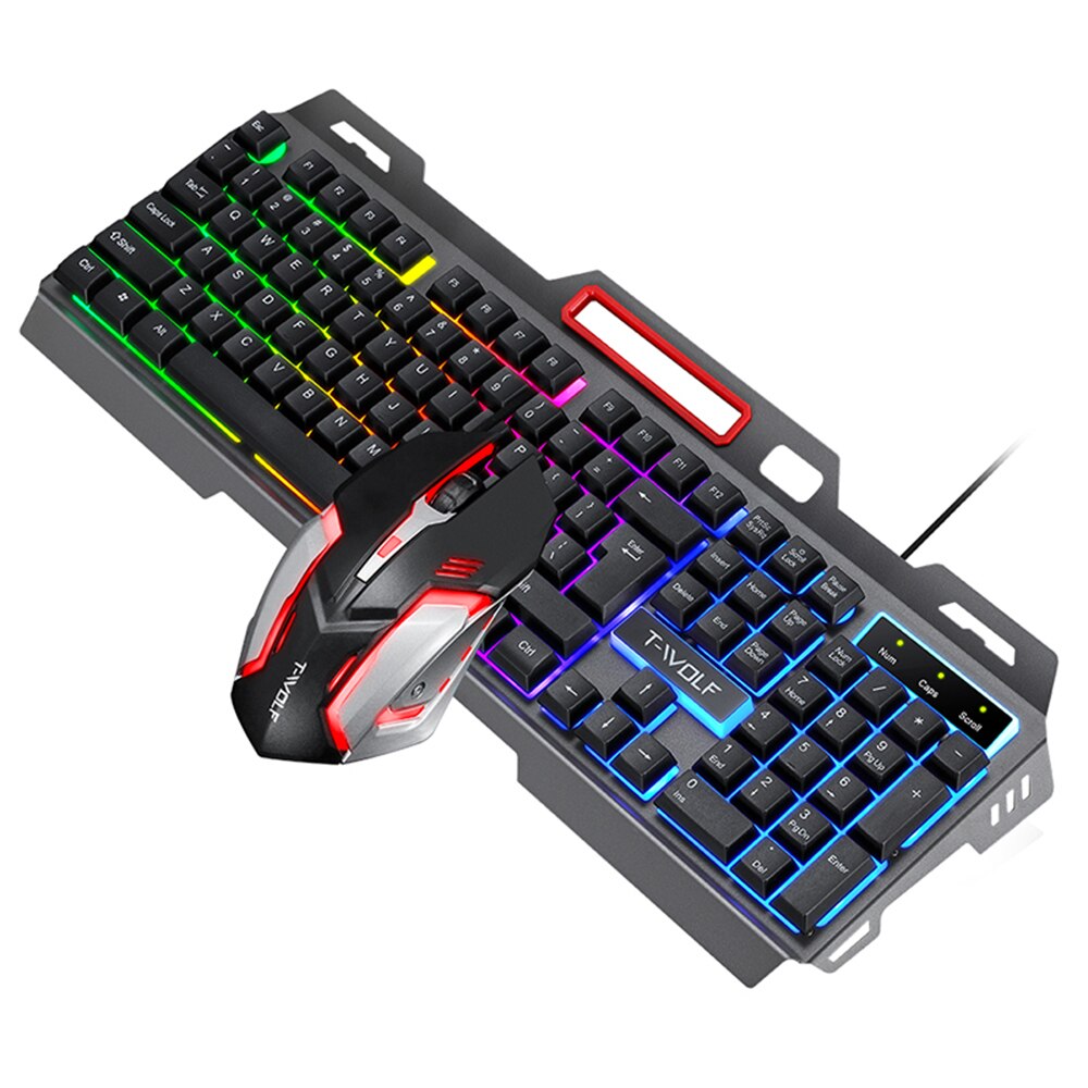T-WOLF TF-600 Wired Keyboard Mouse Combo 104 Keys Metal Panel Gaming Keyboard Suspension Keycap 4-gear 2400DPI Mouse for Game