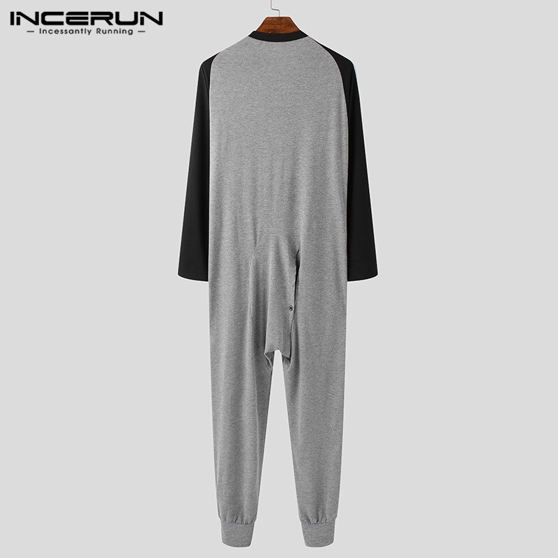 Man Long Sleeve O Neck Nightgown INCERUN Men Sleepwear Jumpsuits Leisure Patchwork Onesies Fitness Button Up Romper Homewear 5XL