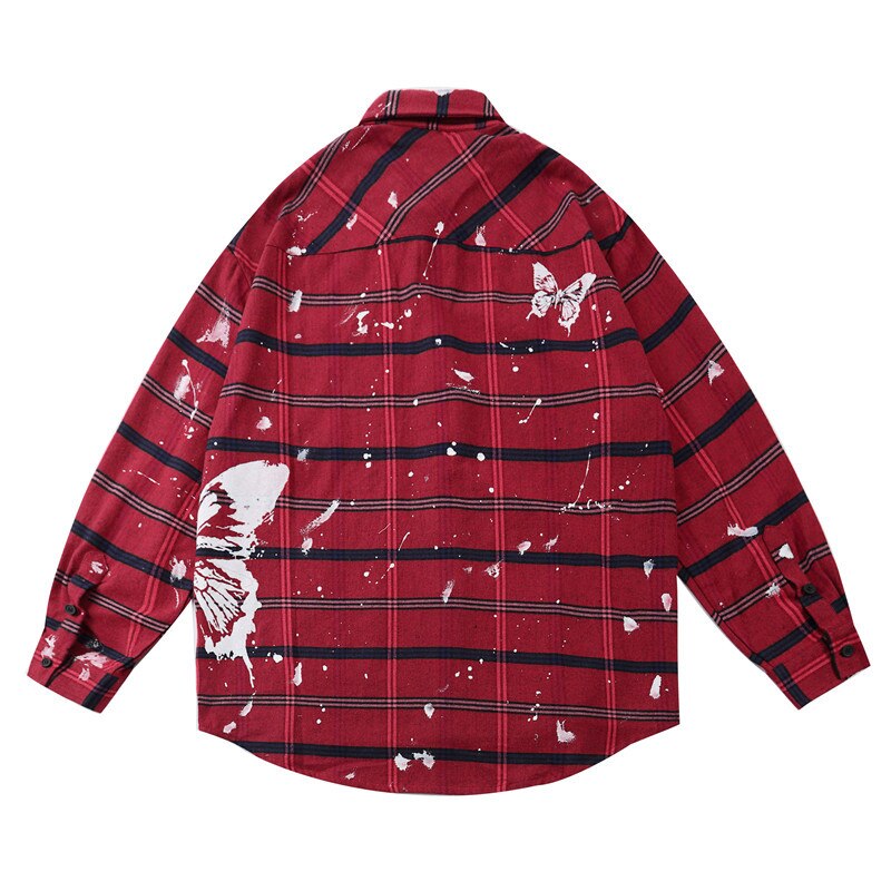 Camiseta a cuadros con estampado de mariposa para hombre, ropa de calle, otoño , Harajuku, Hip Hop, informal, vestido de botones suelto, WY150