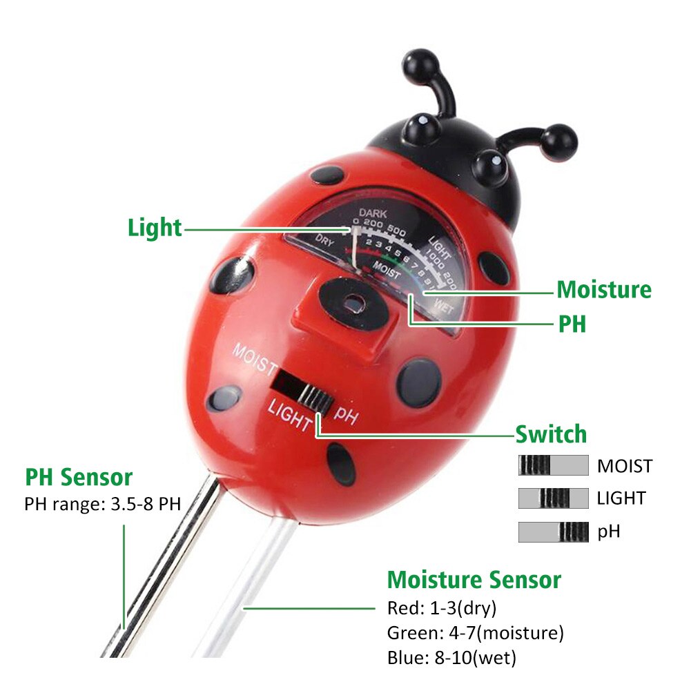 3 In 1 Vocht Lieveheersbeestje Zuurgraad Farm Plant Leuke Licht Ph Meter Tuingrond Tester Draagbare Bloemen