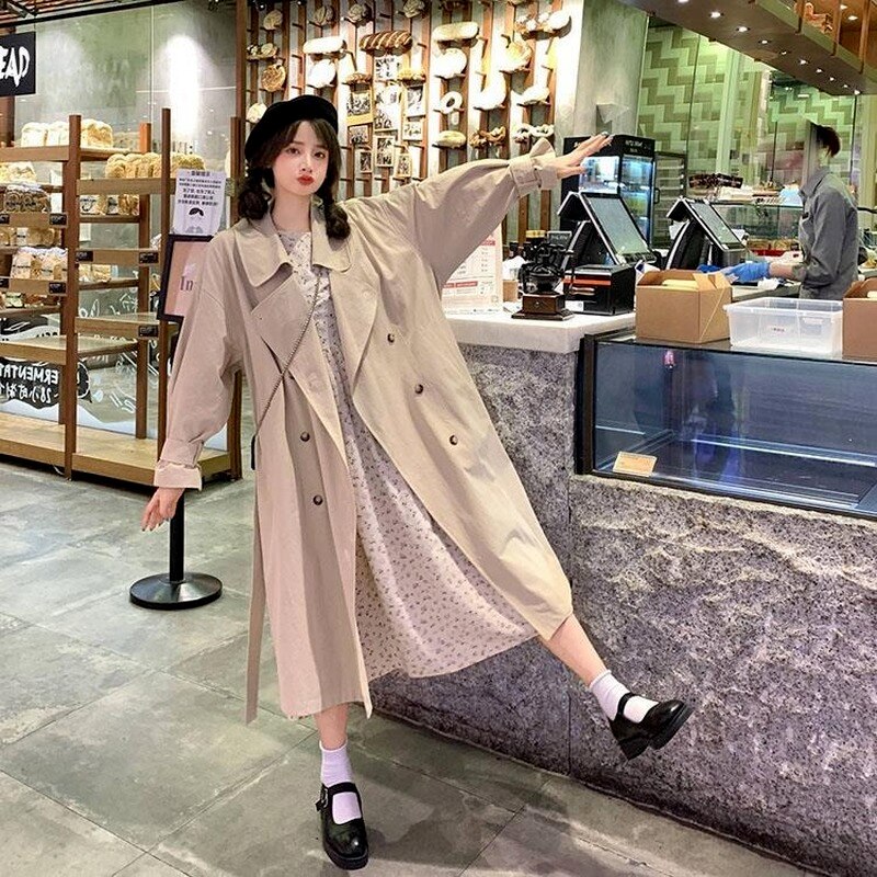 Gabardina larga de color caqui para mujer, abrigos encantadores con botones y doble botonadura, prendas de vestir de estilo japonés británico, Chic que combina con todo para primavera