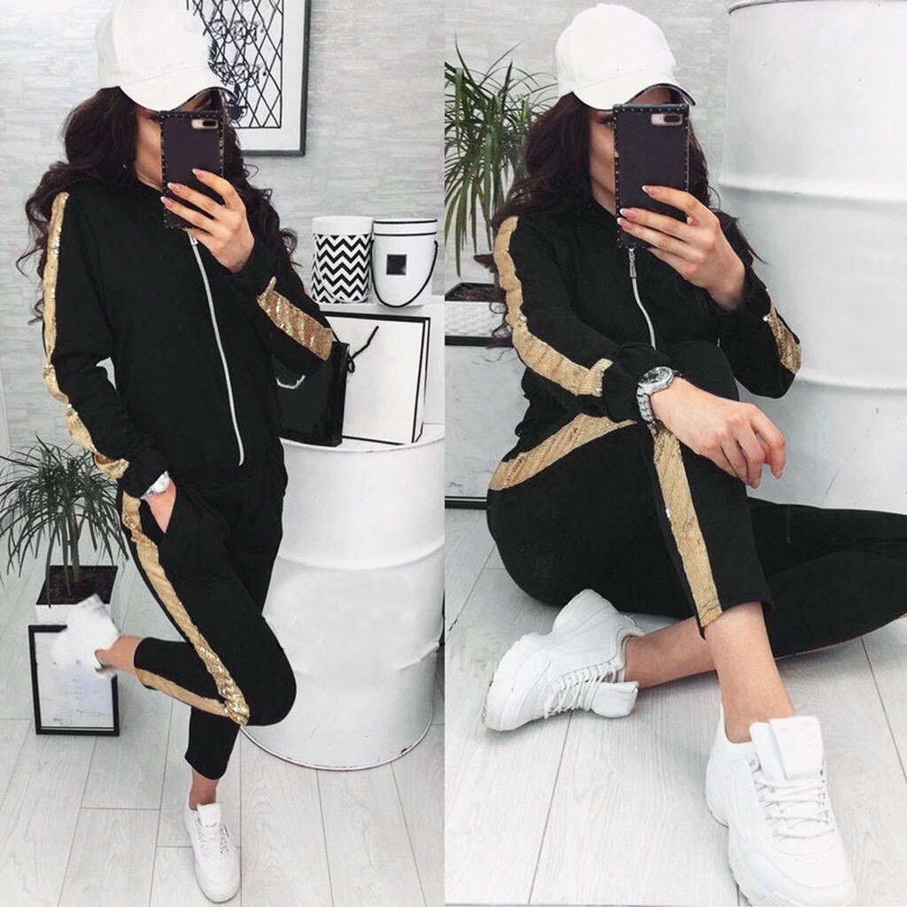 Sequins Suit Female Casual Loose Sweater Trousers Casual Ladies Sports Suit Sports Trouser 2 pieces Set Women#g4