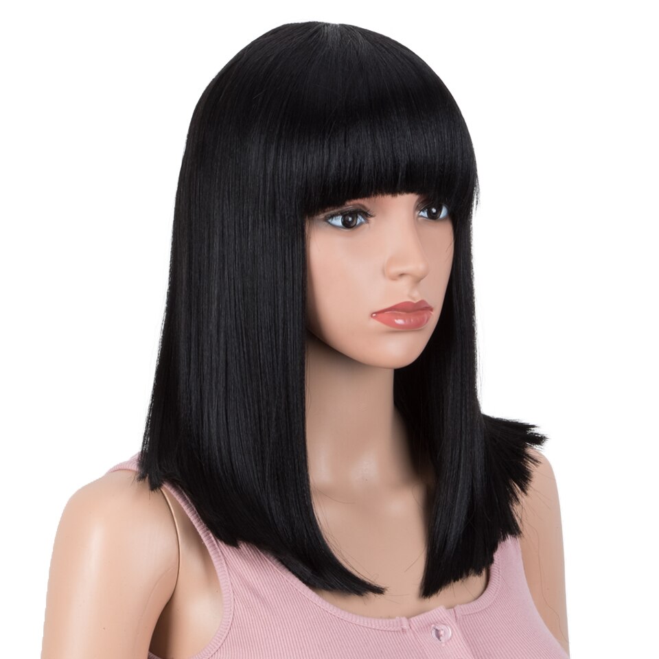 Bella 14 Inch Bob Synthetische Pruiken Voor Vrouwen Korte Bob Pruik Met Pony Steil Haar Uitbreiding Roze Rood Zwart Pruik lolita Cosplay: #1B