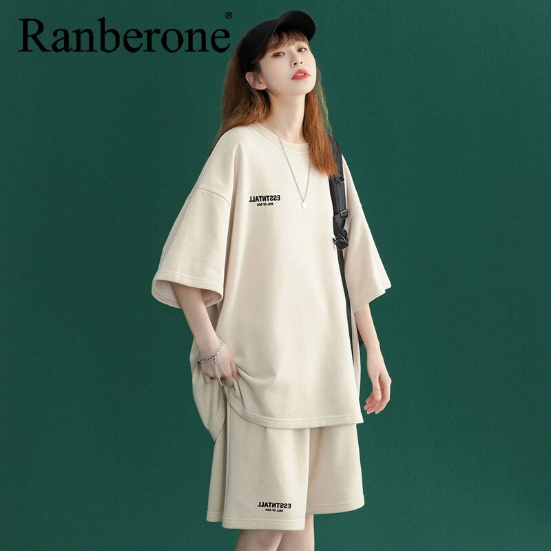 Ranberone oversized sportanzug, lässiges laufoutfit, shorts-set, damen, frühling/sommer, zweiteilig