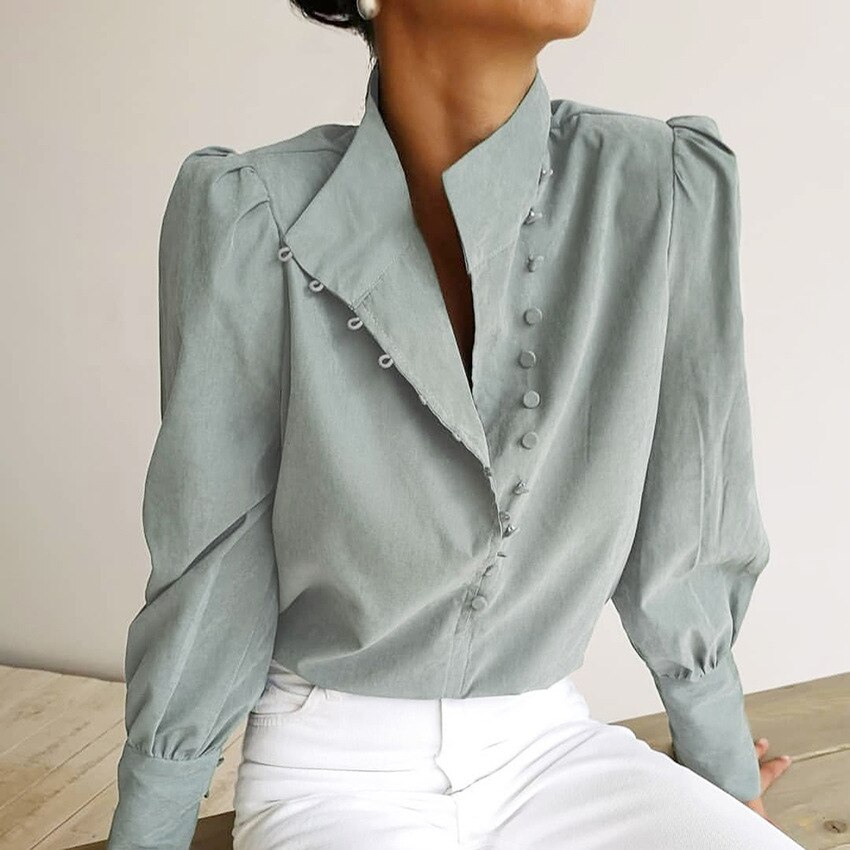 Blusa de cuello alto para mujer, camisa blanca de manga larga para oficina, Top informal liso con manga abombada, 2022: Gray / L