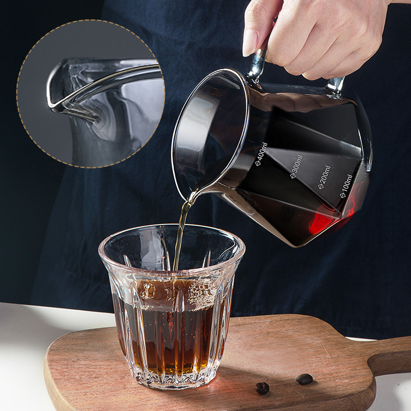 Kaffeekaraffe aus klarem Glas, rautenförmige Kaffeekanne mit wiederverwendbarem Kaffeefilterbecher, Standard-Kaffeekanne aus Glas