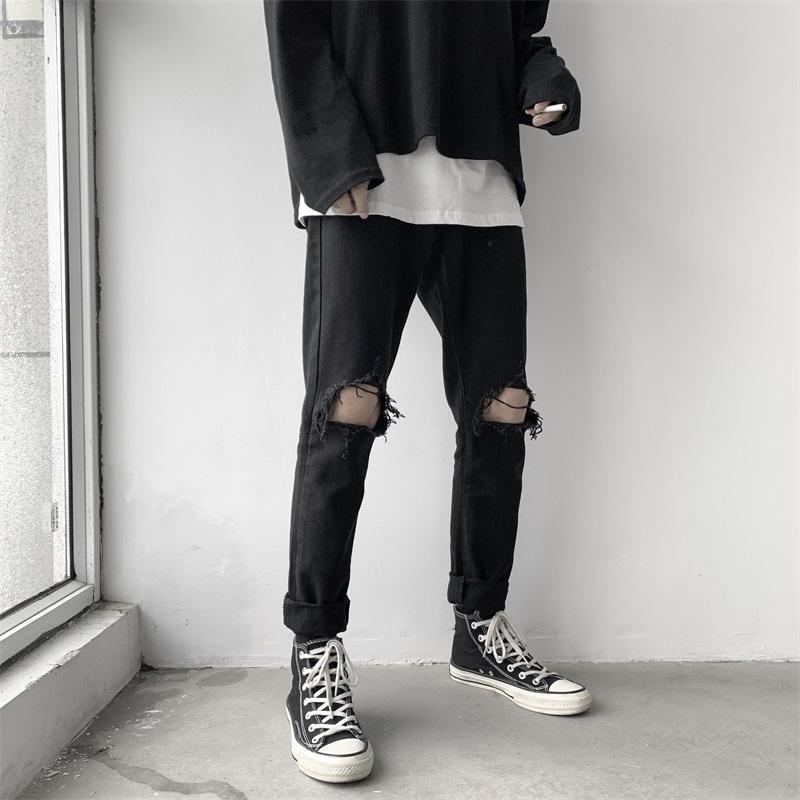 Pantalones vaqueros BANNAJI de estilo Punk para hombre, pantalones vaqueros góticos ajustados con agujero en la rodilla y cremallera en el tobillo rasgados negros para hombre