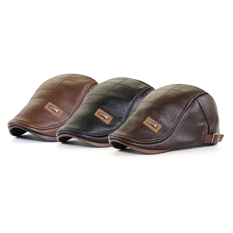Gorros de cuero sintético para hombre, Boina a prueba de viento, plana, con correa lateral cálida, Boina Masculina