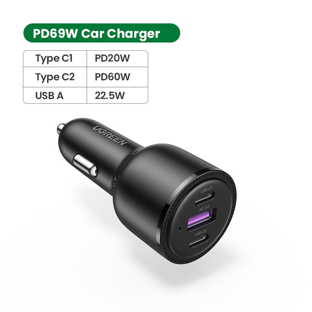 UGREEN 69W Car Charger USB Type C Dual Port PD QC Fast Charging For Laptop Car Phone Charger For iPhone 13 12 Pro Samsung Xiaomi: Car Charger