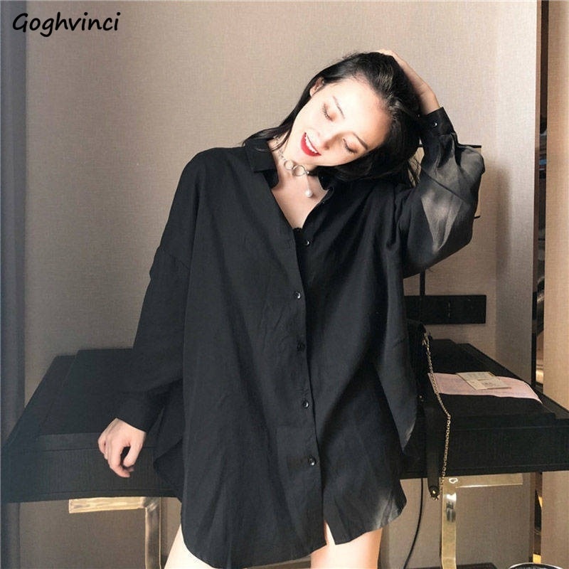 Blusas de gasa para mujer, camisas de manga larga negras BF Ulzzang, blusas holgadas combinables a la para mujer, Tops Chic informales sencillos para estudiantes