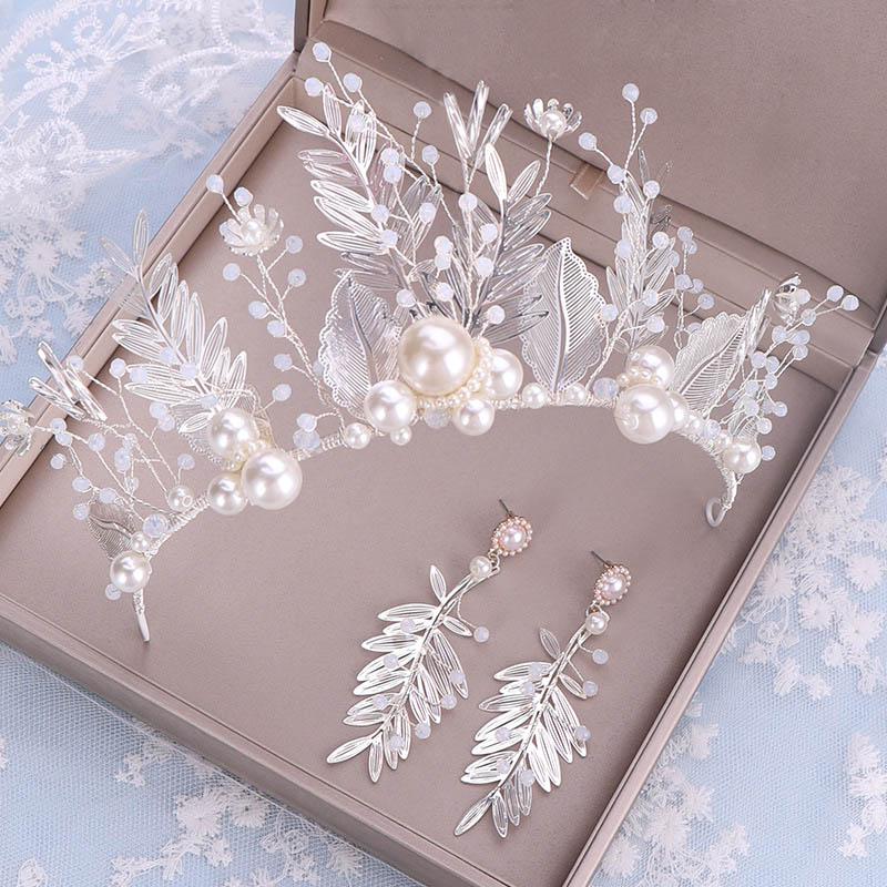 GETNOIVAS Silver Color Leaf Pearl Crystal Tiara Crown Headpiece Earrings Set Women Jewelry Wedding Hair Piece Hair Accessorie SL